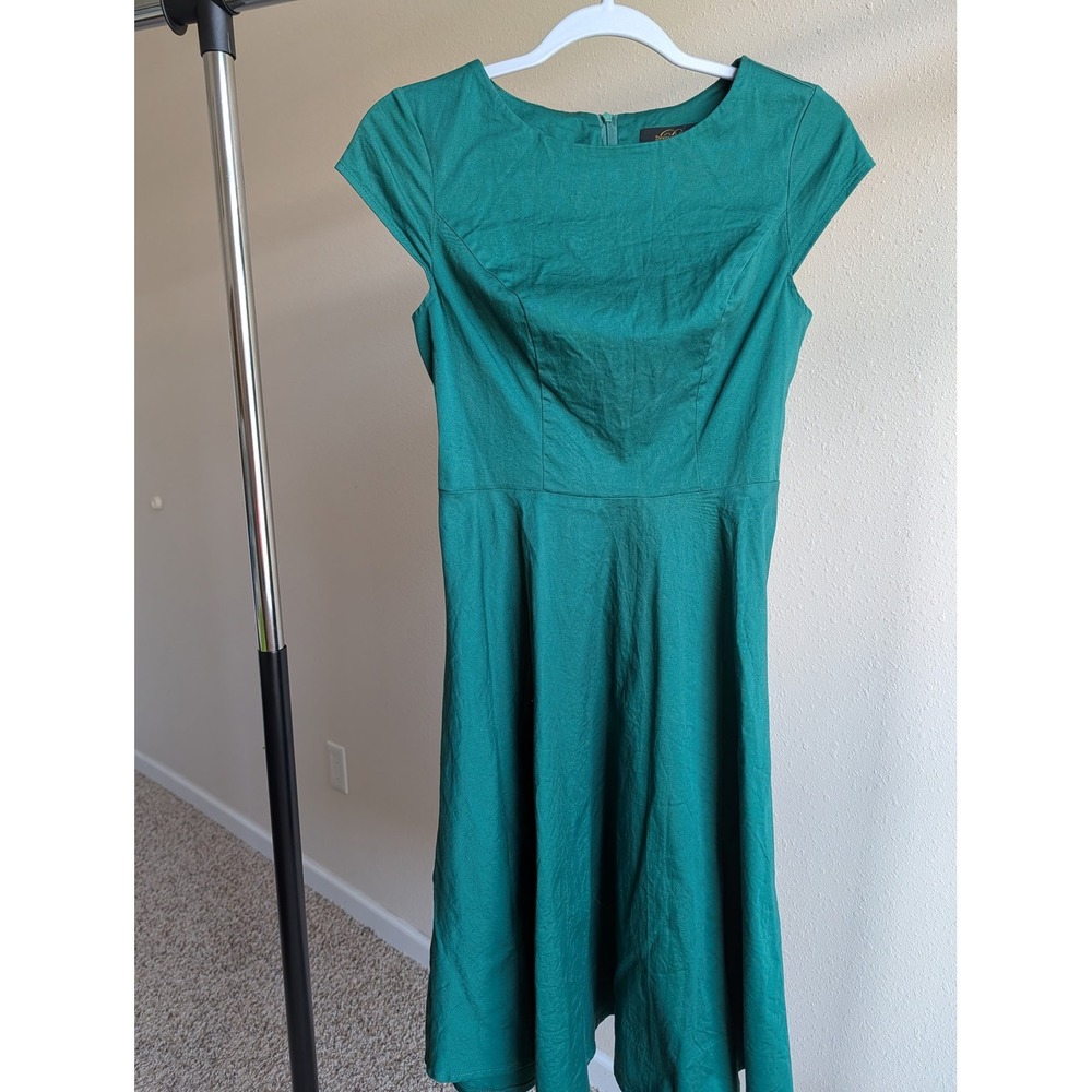 Dressystar Emerald Green Fit and Flare Cap Sleeve A-Line Midi Dress Small